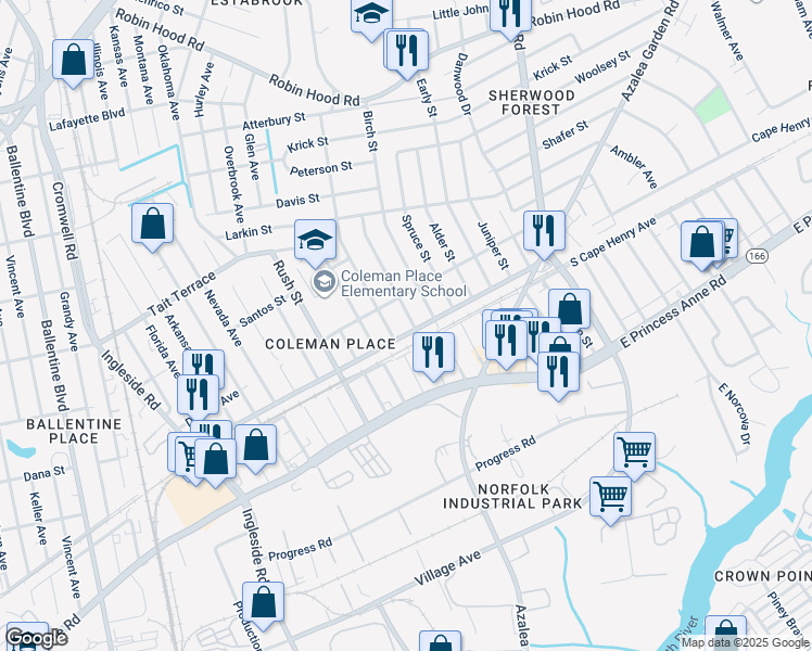 map of restaurants, bars, coffee shops, grocery stores, and more near 2305 Hemlock Street in Norfolk