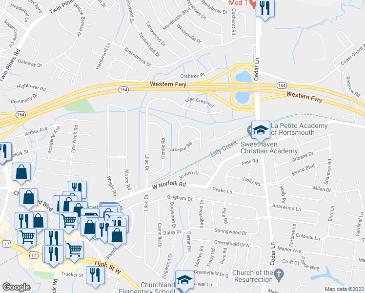 map of restaurants, bars, coffee shops, grocery stores, and more near 3601 Hosiers Oaks Drive in Portsmouth