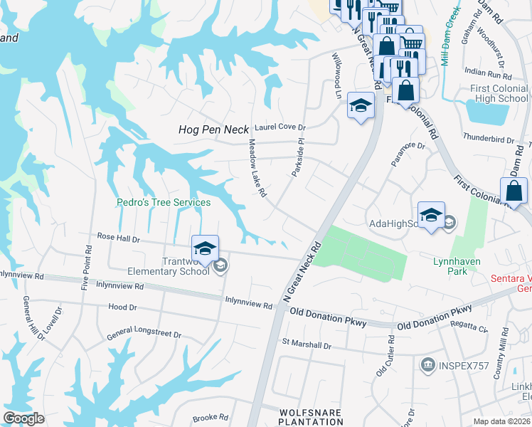 map of restaurants, bars, coffee shops, grocery stores, and more near 1213 Misty Hollow Way in Virginia Beach