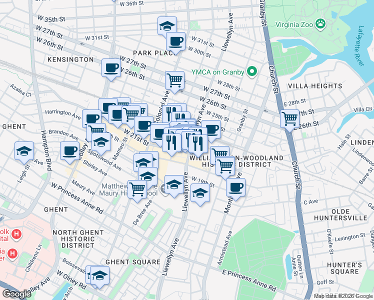 map of restaurants, bars, coffee shops, grocery stores, and more near 300 West 21st Street in Norfolk