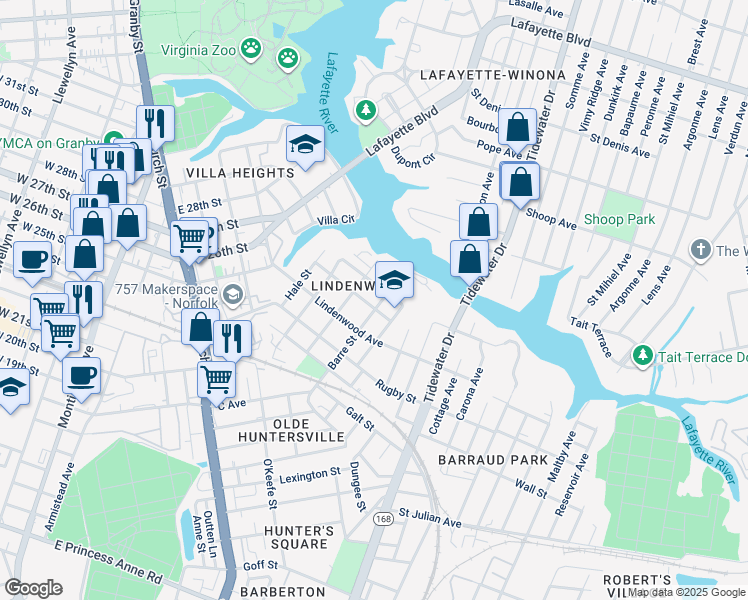 map of restaurants, bars, coffee shops, grocery stores, and more near 920 Hayes Street in Norfolk