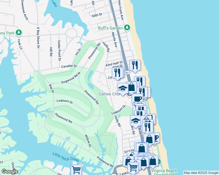 map of restaurants, bars, coffee shops, grocery stores, and more near 380 Dorsey Lane in Virginia Beach