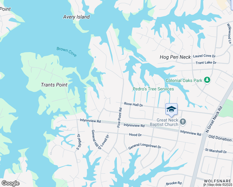 map of restaurants, bars, coffee shops, grocery stores, and more near 1113 Five Point Road in Virginia Beach