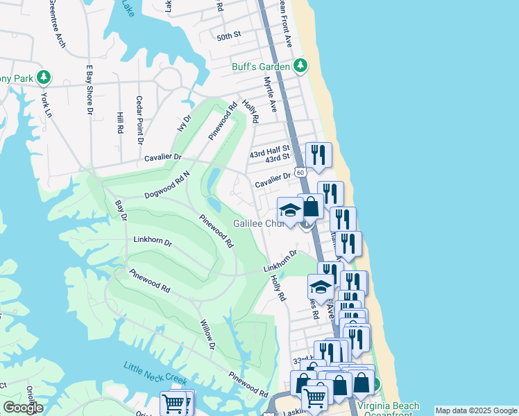 map of restaurants, bars, coffee shops, grocery stores, and more near 380 Dorsey Lane in Virginia Beach