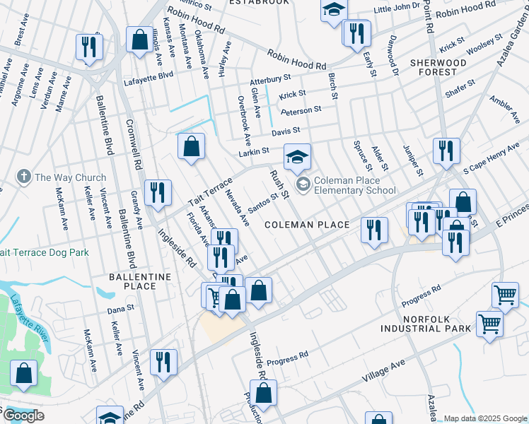 map of restaurants, bars, coffee shops, grocery stores, and more near 2436 Minnesota Avenue in Norfolk