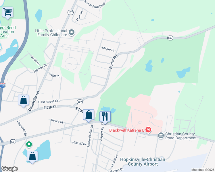 map of restaurants, bars, coffee shops, grocery stores, and more near 2201 Butler Road in Hopkinsville