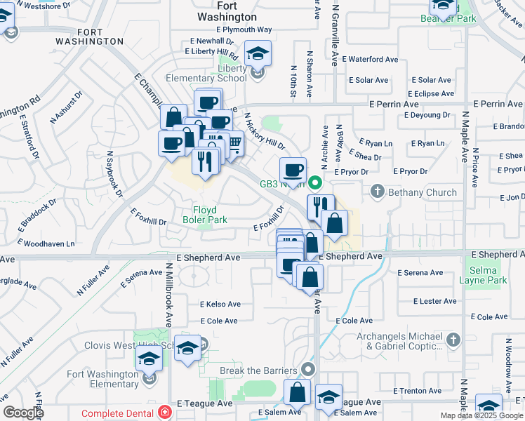 map of restaurants, bars, coffee shops, grocery stores, and more near 1326 East La France Drive in Fresno