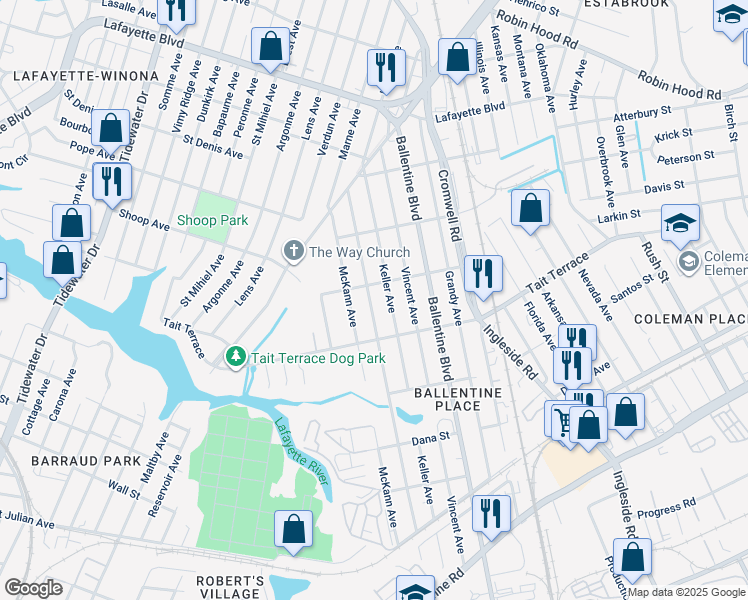 map of restaurants, bars, coffee shops, grocery stores, and more near 2638 Harrell Avenue in Norfolk