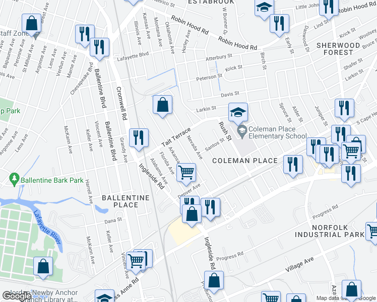 map of restaurants, bars, coffee shops, grocery stores, and more near 2510 Wyoming Ave in Norfolk