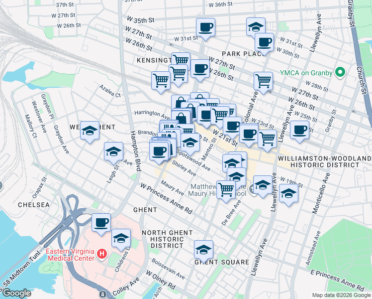 map of restaurants, bars, coffee shops, grocery stores, and more near 730 Spotswood Avenue in Norfolk