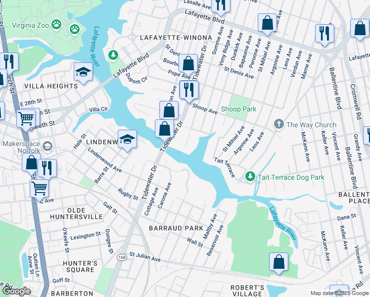 map of restaurants, bars, coffee shops, grocery stores, and more near 2600 Somme Avenue in Norfolk