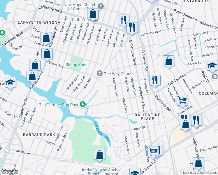 map of restaurants, bars, coffee shops, grocery stores, and more near 2630 Withers Avenue in Norfolk