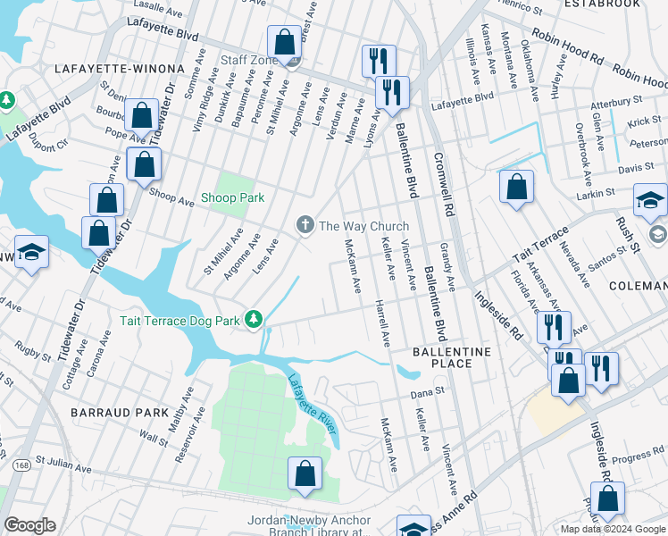 map of restaurants, bars, coffee shops, grocery stores, and more near 2630 Withers Avenue in Norfolk