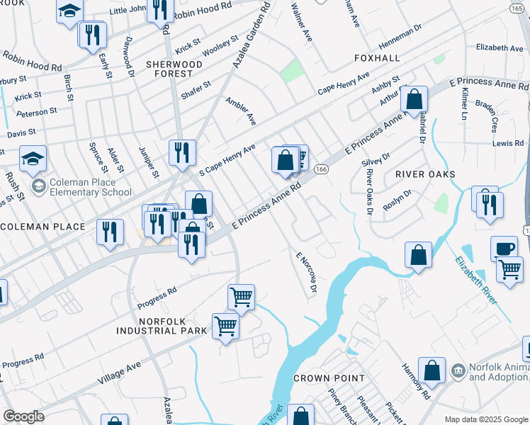 map of restaurants, bars, coffee shops, grocery stores, and more near 1441 Norcova Avenue in Norfolk
