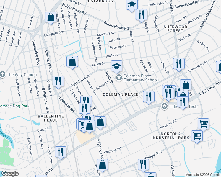 map of restaurants, bars, coffee shops, grocery stores, and more near 2420 Palmetto Street in Norfolk