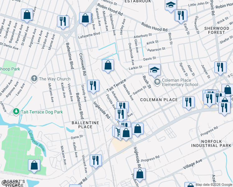 map of restaurants, bars, coffee shops, grocery stores, and more near 2518 Arkansas Avenue in Norfolk