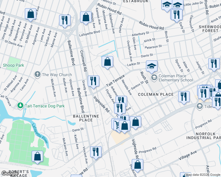 map of restaurants, bars, coffee shops, grocery stores, and more near 2518 Arkansas Avenue in Norfolk
