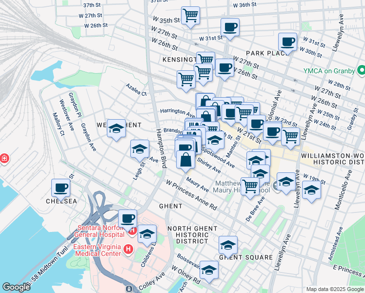 map of restaurants, bars, coffee shops, grocery stores, and more near 828 Shirley Avenue in Norfolk
