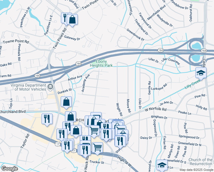 map of restaurants, bars, coffee shops, grocery stores, and more near 3608 Wright Road in Portsmouth