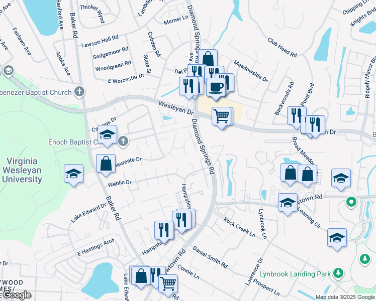 map of restaurants, bars, coffee shops, grocery stores, and more near 5441 Scholarship Drive in Virginia Beach