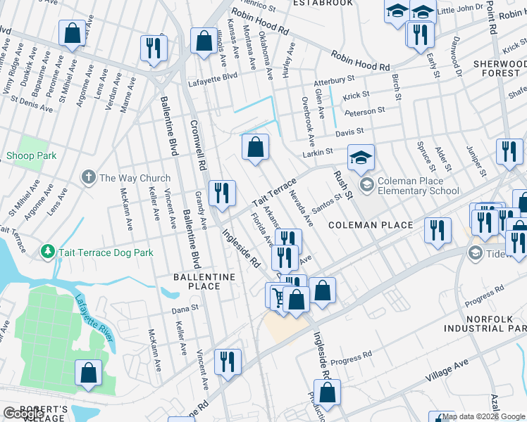 map of restaurants, bars, coffee shops, grocery stores, and more near 2518 Arkansas Avenue in Norfolk