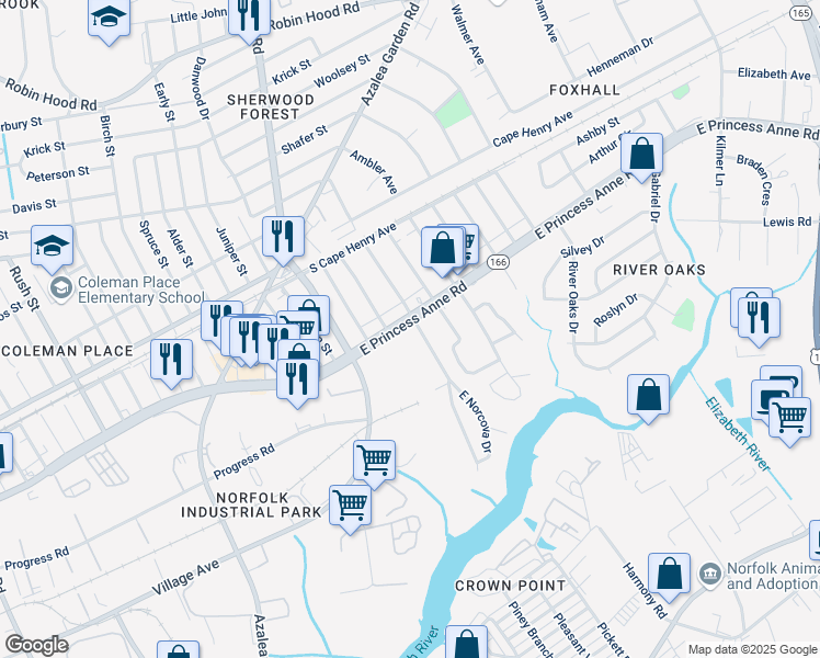 map of restaurants, bars, coffee shops, grocery stores, and more near 1445 Norcova Avenue in Norfolk