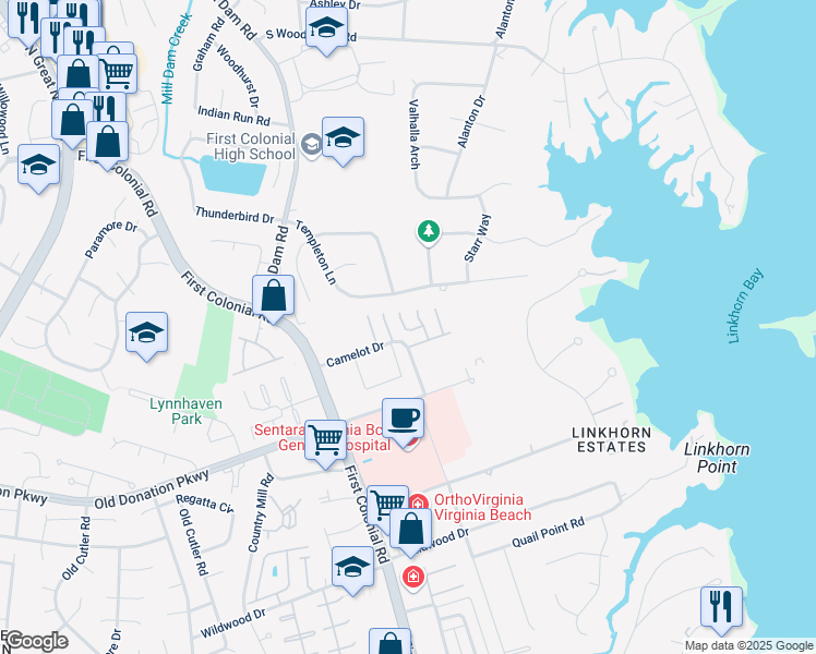 map of restaurants, bars, coffee shops, grocery stores, and more near 1730 Honorary Court in Virginia Beach