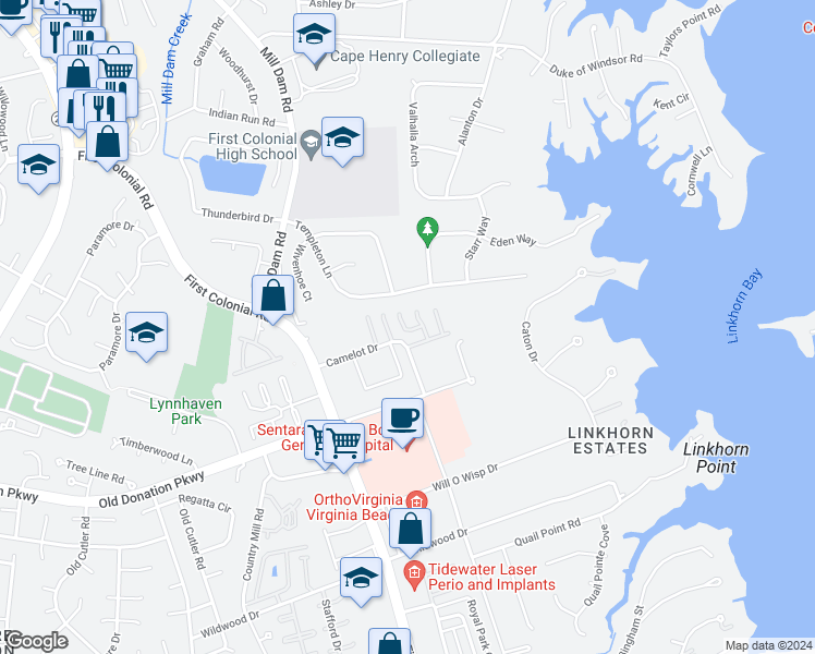 map of restaurants, bars, coffee shops, grocery stores, and more near 1725 Vintage Quay in Virginia Beach