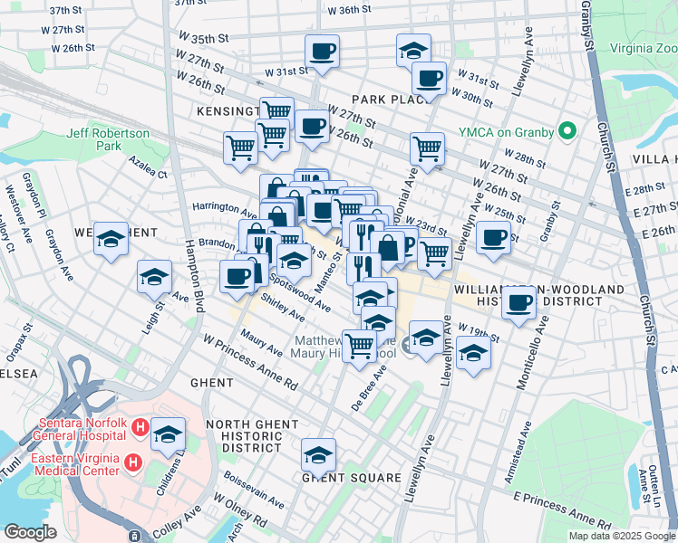 map of restaurants, bars, coffee shops, grocery stores, and more near 537 West 20th Street in Norfolk