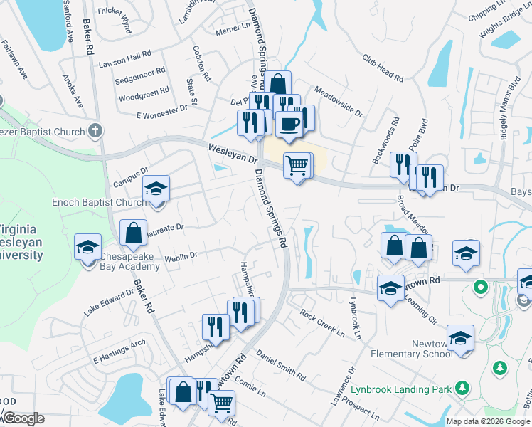 map of restaurants, bars, coffee shops, grocery stores, and more near 800 Tuition Drive in Virginia Beach