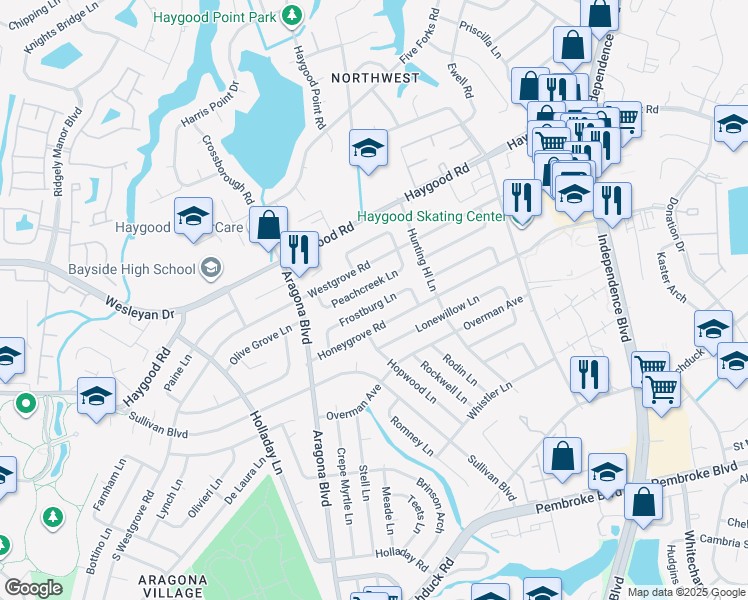 map of restaurants, bars, coffee shops, grocery stores, and more near 4837 Frostburg Lane in Virginia Beach
