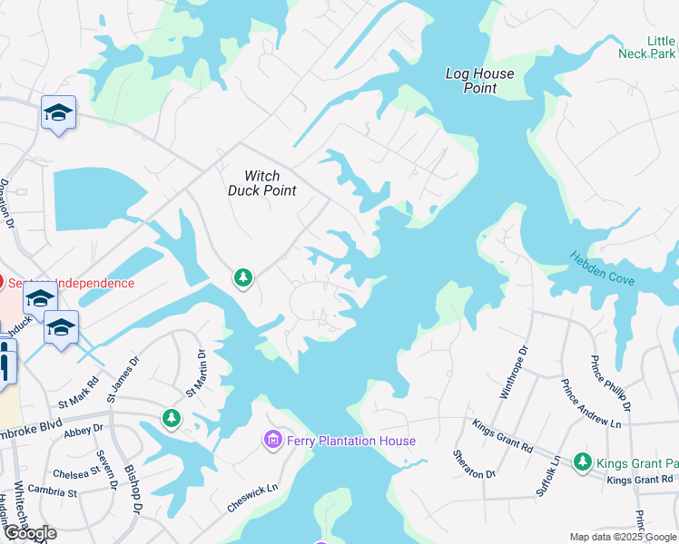 map of restaurants, bars, coffee shops, grocery stores, and more near 1008 Witch Point Trail in Virginia Beach