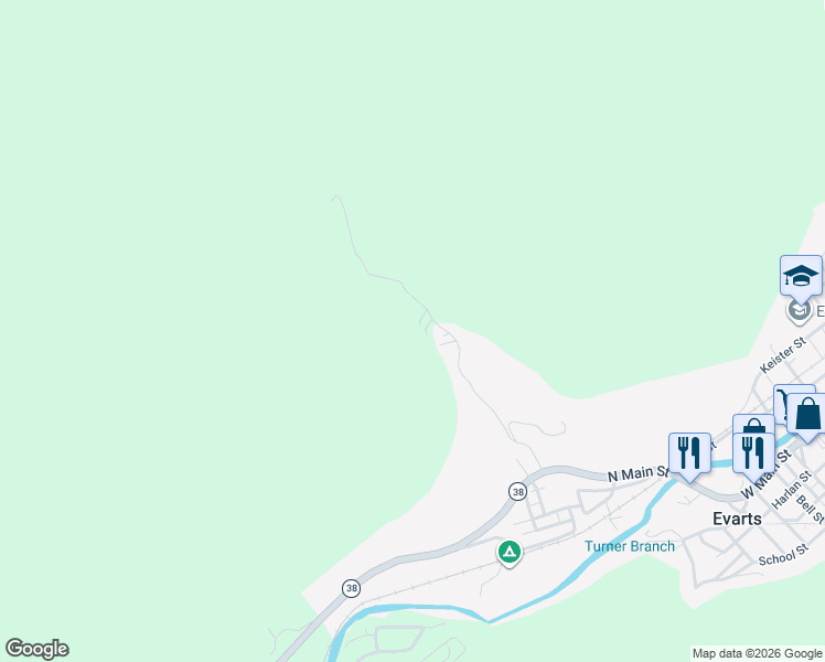 map of restaurants, bars, coffee shops, grocery stores, and more near 41 Cochran Road in Evarts