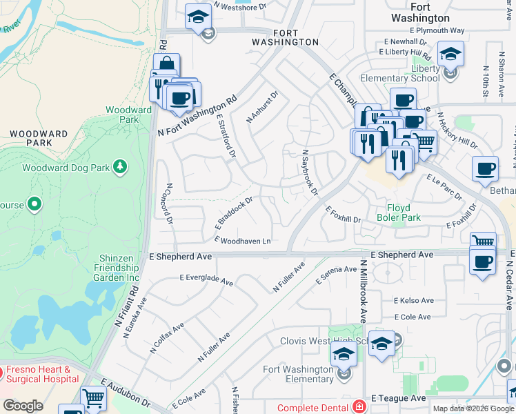 map of restaurants, bars, coffee shops, grocery stores, and more near 9139 North Woodlawn Drive in Fresno