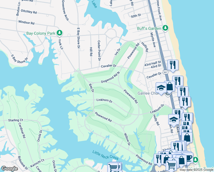 map of restaurants, bars, coffee shops, grocery stores, and more near 103 Dogwood Road in Virginia Beach