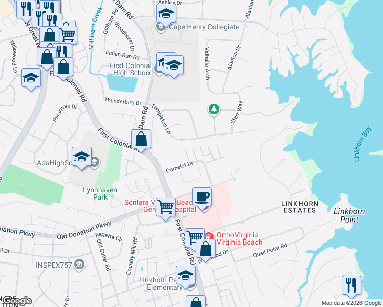 map of restaurants, bars, coffee shops, grocery stores, and more near 1112 Embassy Court in Virginia Beach