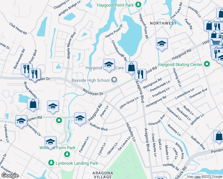 map of restaurants, bars, coffee shops, grocery stores, and more near 4960 Haygood Road in Virginia Beach