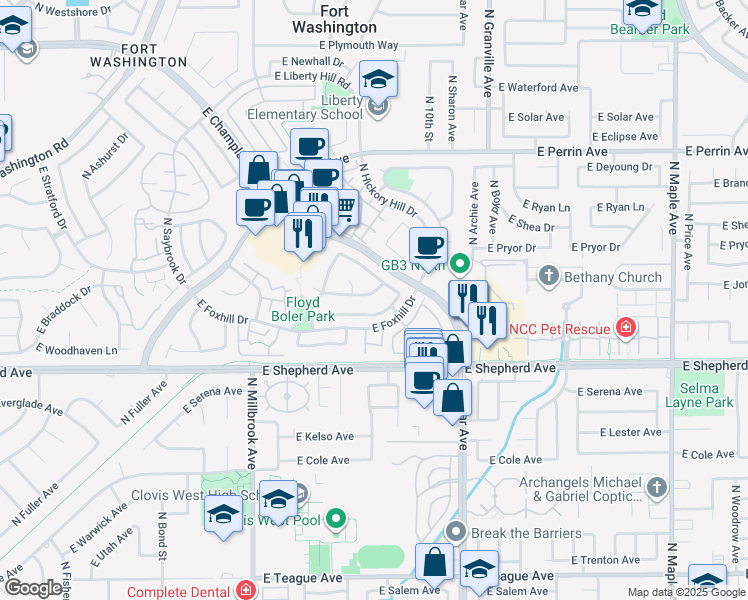 map of restaurants, bars, coffee shops, grocery stores, and more near 1326 East La France Drive in Fresno