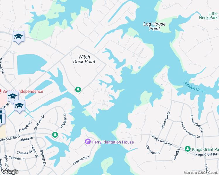map of restaurants, bars, coffee shops, grocery stores, and more near 1008 Witch Point Trail in Virginia Beach