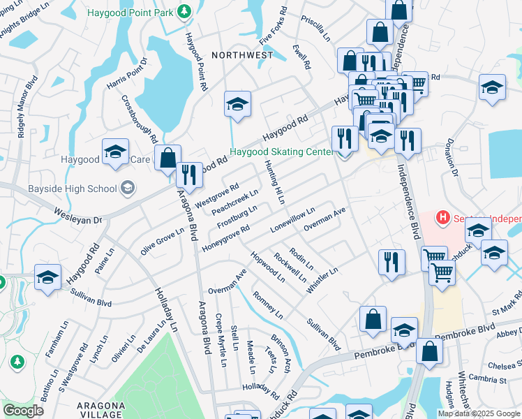 map of restaurants, bars, coffee shops, grocery stores, and more near 4825 Frostburg Lane in Virginia Beach
