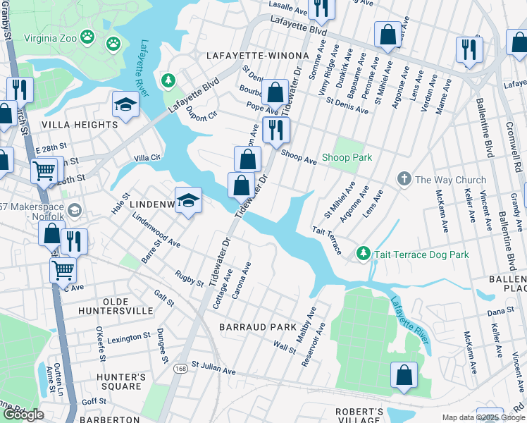 map of restaurants, bars, coffee shops, grocery stores, and more near 2600 Somme Avenue in Norfolk