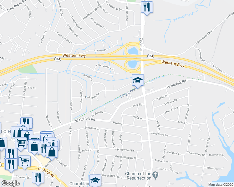 map of restaurants, bars, coffee shops, grocery stores, and more near 5341 Larkspur Road in Portsmouth
