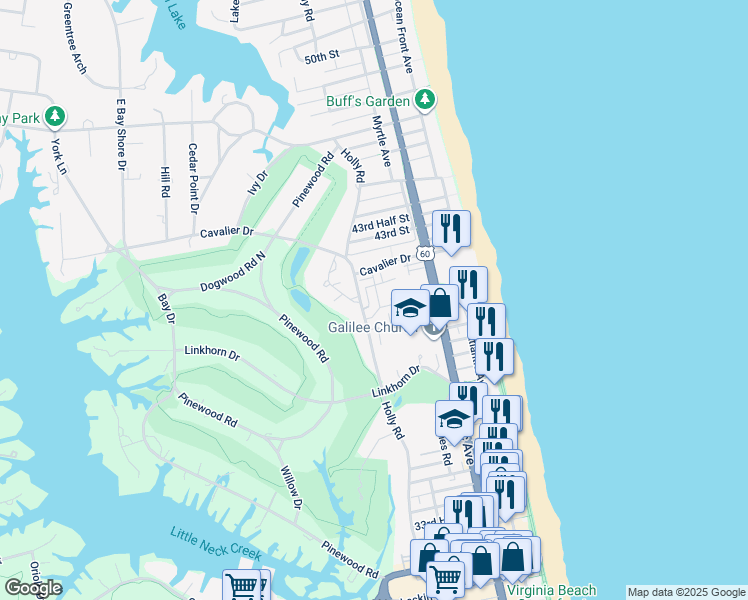 map of restaurants, bars, coffee shops, grocery stores, and more near 377 Dorsey Lane in Virginia Beach