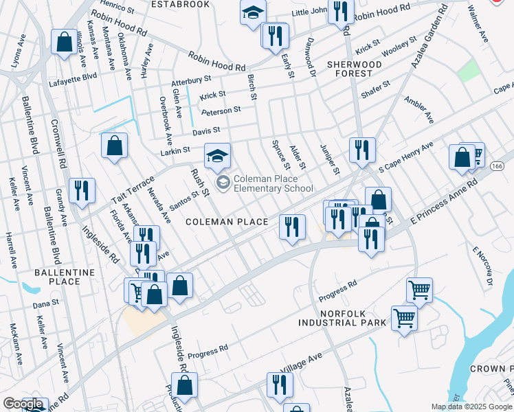 map of restaurants, bars, coffee shops, grocery stores, and more near 2321 Kennon Avenue in Norfolk