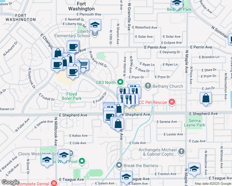 map of restaurants, bars, coffee shops, grocery stores, and more near 1504 East Champlain Drive in Fresno