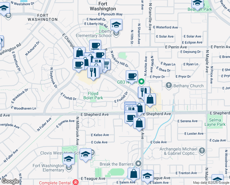 map of restaurants, bars, coffee shops, grocery stores, and more near 1326 East La France Drive in Fresno