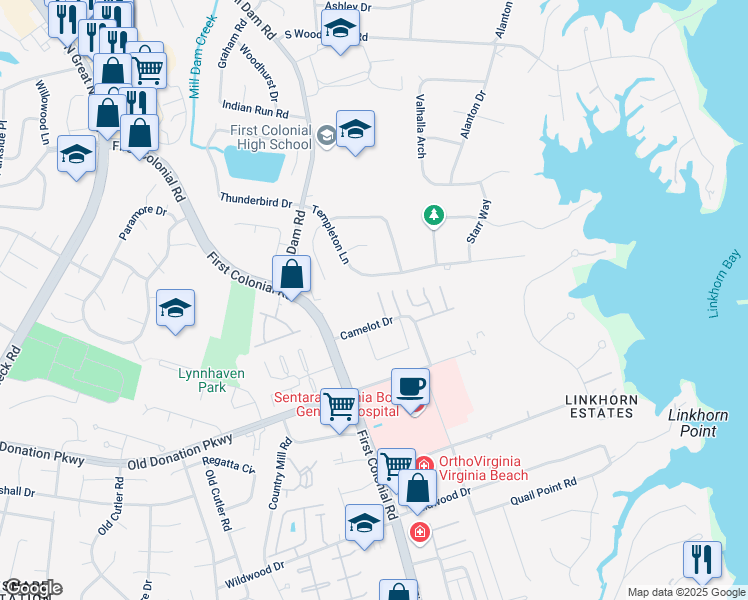 map of restaurants, bars, coffee shops, grocery stores, and more near 1112 Embassy Court in Virginia Beach