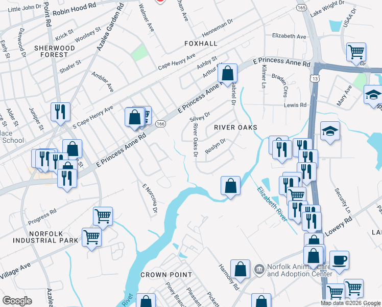 map of restaurants, bars, coffee shops, grocery stores, and more near 1313 River Oaks Drive in Norfolk