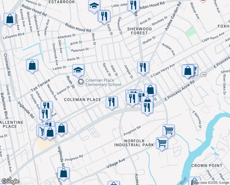 map of restaurants, bars, coffee shops, grocery stores, and more near 1556 Birch Street in Norfolk