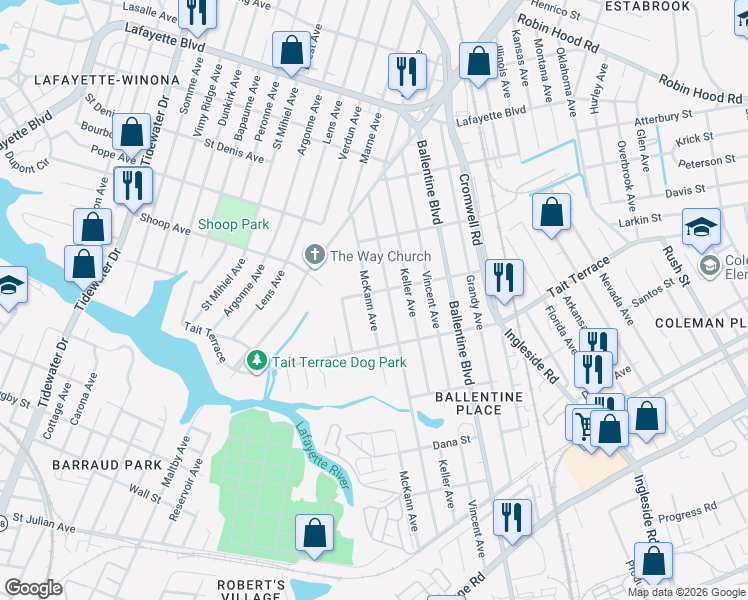 map of restaurants, bars, coffee shops, grocery stores, and more near 2635 McKann Avenue in Norfolk